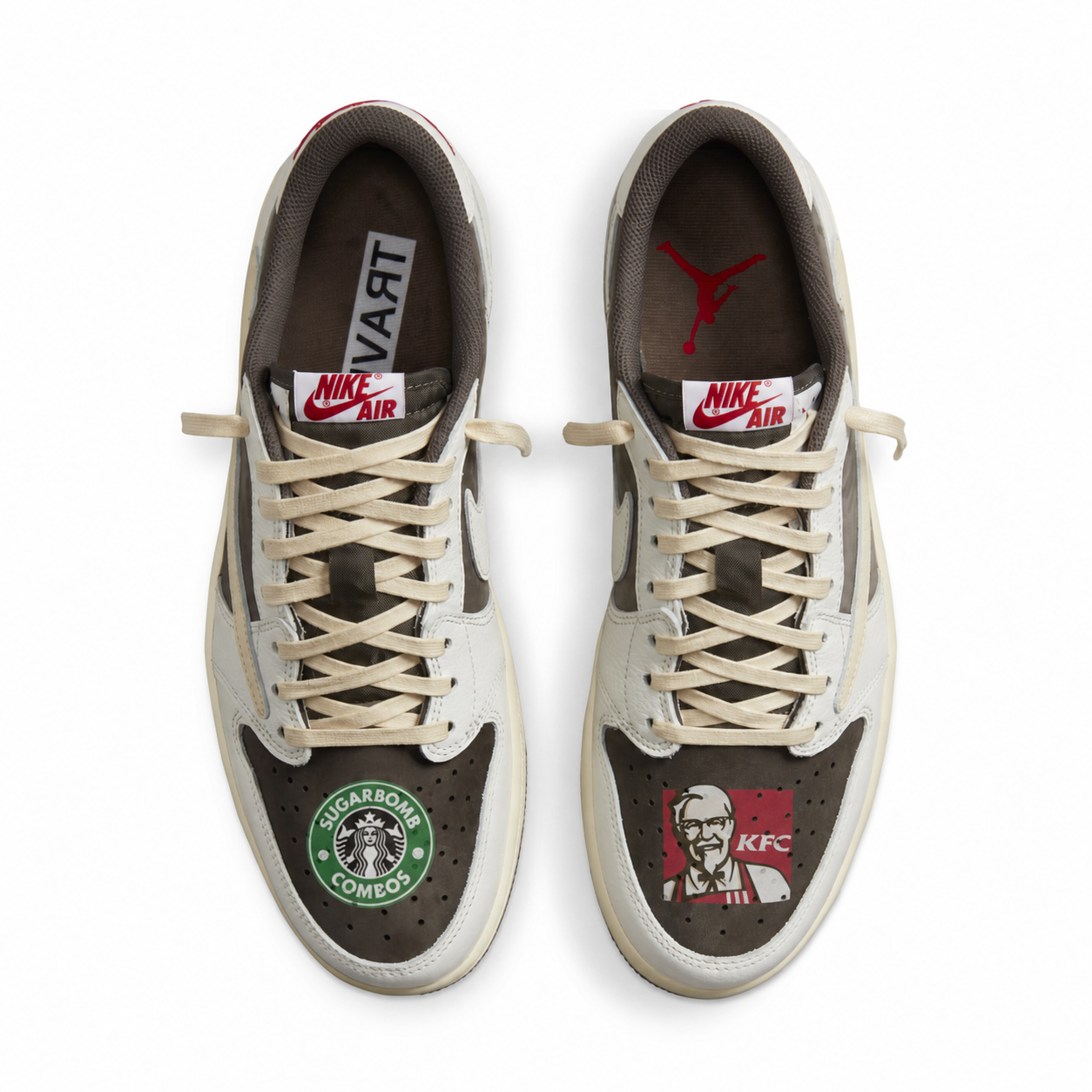 Top view of Reverse Mocha Jordans with Sugarbomb Combos on the left toe and KFC on the right toe